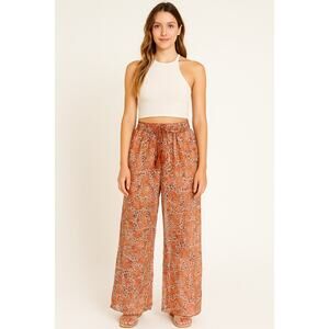 Tularosa SZ S Long Sheer Wide Leg Pants Tassle Tie Daisy Print In Rust Shades
